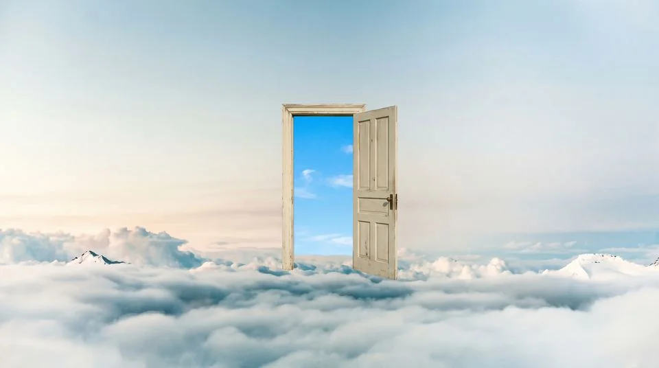 A door standing open in the clouds