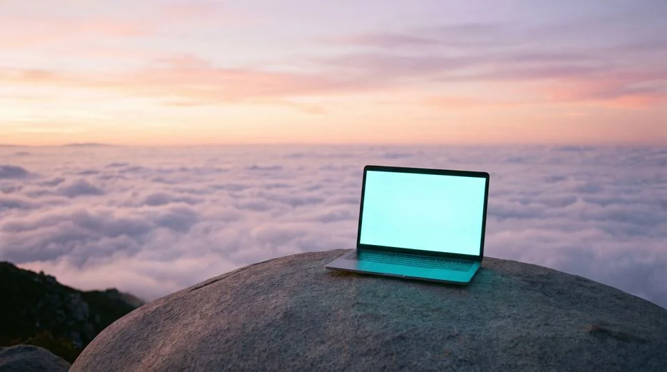 A laptop on a summit above the clouds