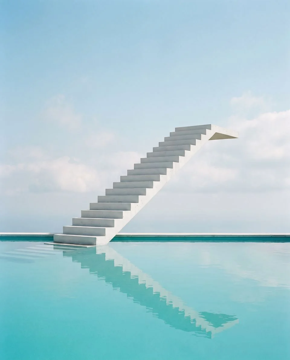 A staircase rising out of a pool into the sky